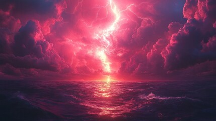 Red lightning strikes ocean sunset