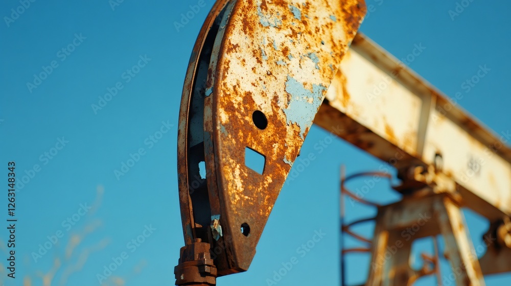Aufkleber close up view of a rusty oil pump jack against a clear blue sky, highlighting the aging infrastructu