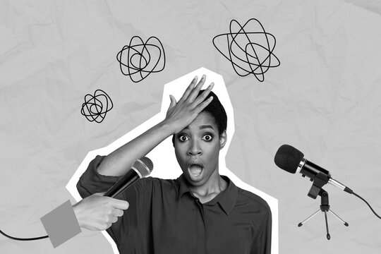 Collage portrait of impressed person arm touch forehead open mouth reporters hold microphone ask question interview