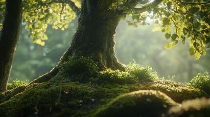 Fototapeta premium A detailed tree with bright green bushes at its roots, glowing in warm sunlight, framed by softly lit trees on either side.