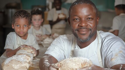 Baker teaching children bread making in a kitchen
