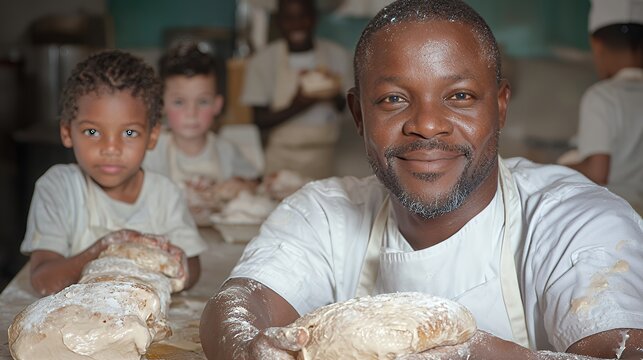 Baker teaching children bread making in a kitchen