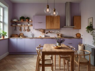 Lavender Kitchen With Wooden Table And Chairs