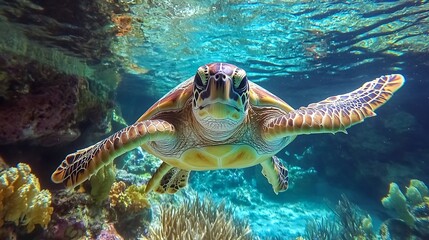 Sea turtle swimming in a coral reef, peaceful and natural,