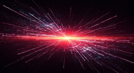 Naklejka premium A radiant burst of red and pink light streaks outward, symbolizing speed, energy, and the vastness of space, evoking the Big Bang, hyperspace, or futuristic digital acceleration.