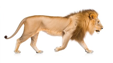 Obraz premium Majestic Lion Walking in Profile on White Background