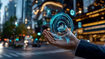 Innovative data visualization techniques urban cityscape technology insights digital environment close-up viewpoint business intelligence concepts for growth