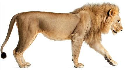 Obraz premium Majestic Lion Walking Gracefully on White Background