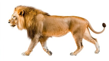 Obraz premium Majestic Lion Walking Gracefully in Solid White Background