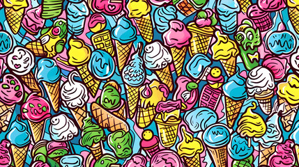 Naklejka premium Colorful and whimsical illustration of various ice cream cones and treats set against a vibrant background