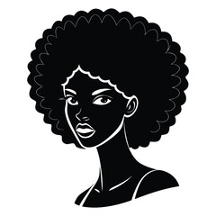 A black woman silhouette with voluminous afro hair, showcasing graceful posture and confident energy, exuding strength and elegance in a bold, minimalist design.