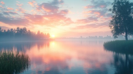 Obraz premium Serene Sunrise Over Misty Lake And Trees