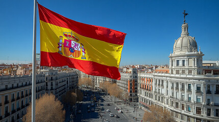 Obraz premium Waving Flag of Spain Against a Clear Blue Sky Over a Bustling Urban Landscape in Madrid