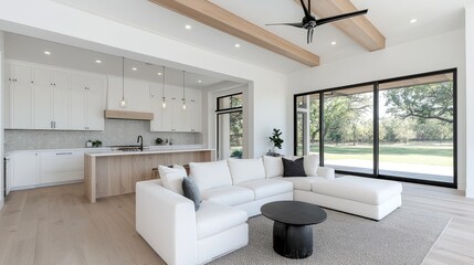 Fototapeta premium Modern open-plan kitchen and living area with patio views. Interior design. Possible use Stock photo