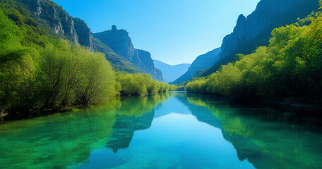 Serene Mountain River Gorge Reflecting a Sunny Day

