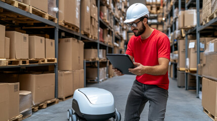 warehouse worker in hard hat uses tablet to control robotic assistant among stacked boxes. scene highlights modern technology in logistics