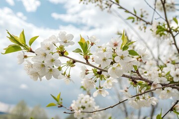 Fototapeta premium Apple tree branches showcase vibrant pink buds and white blossoms under bright sunlight, embodying the essence of spring. Nature thrives with vivid colors and freshness.
