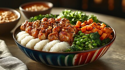 Indonesian lontong cap go meh with rice cakes, vegetables, chicken, and a spicy peanut sauce, served in a colorful bowl