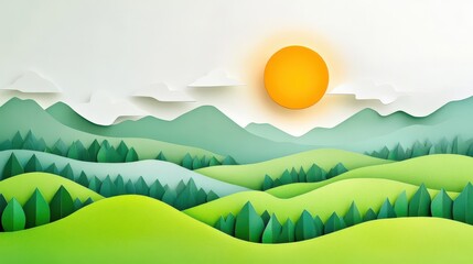Obraz premium Vibrant Nature Landscape with Sun and Mountains