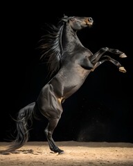 Fototapeta premium A striking black horse rises on its hind legs, showcasing its strength and elegance. The sandy floor contrasts beautifully with its shiny coat, creating a captivating moment indoors.