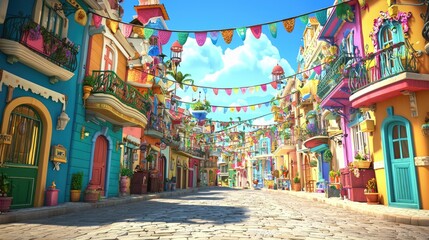Fototapeta premium Colorful street festival, sunny day, vibrant buildings, celebratory flags, tourism promotion