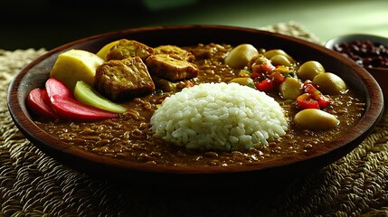 Indonesian lontong sayur with rice cakes, spicy vegetable curry, and fried tempeh, served in a traditional wooden bowl