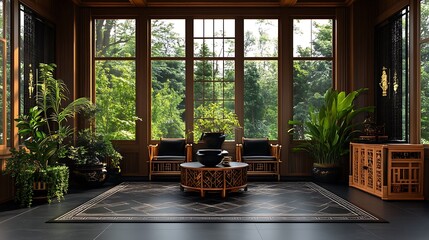 Fototapeta premium Serene Sunroom Interior Design: Lush Greenery and Natural Light AI Generated