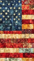 American flag is depicted in a beautiful fabric patchwork quilt