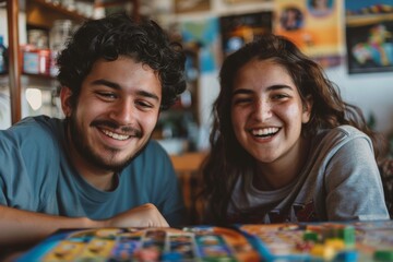 Fototapeta premium Portrait of a merry latino couple in their 20s playing a board game