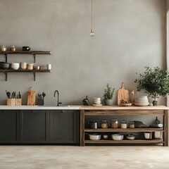 Modern kitchen design featuring wooden shelves and minimalist decor in a cozy setting