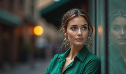 Obraz premium Woman wearing green blouse stands beside a window in urban street