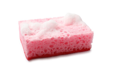 Pink sponge and foam isolated on white. Cleaning tool