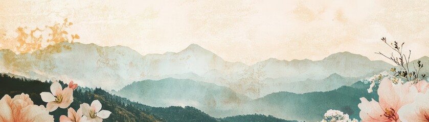 Elegant collage of layered washi paper with misty mountain silhouettes and soft spring florals