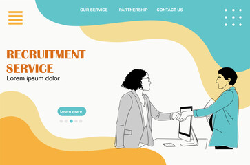 Recruitment service landing page template with hand drawn business scene of professionals shaking hands. Flat vector illustration