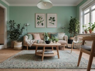 Serene Living Room with Lush Greenery and Neutral Tones