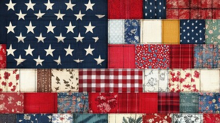 American flag constructed with patchwork fabric pieces in red white blue