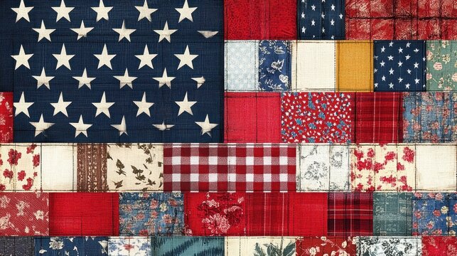 American flag constructed with patchwork fabric pieces in red white blue