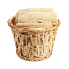 Obraz premium Woven Basket with Soft Towels for Organized Bathroom or Spa Decor, Bedroom Accessories Concept.