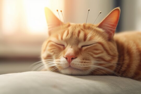 A ginger cat with acupuncture needles on its head, sleeping and completely relaxed in a state of pure bliss