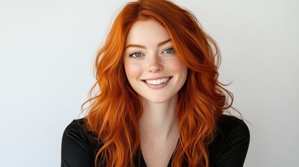 Red-haired woman with wavy hair and bright smile