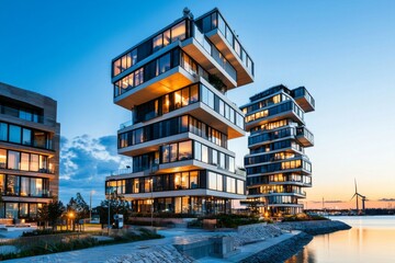 Urban Skyline Illuminated at Dusk with Modern Architecture and Reflections on Water