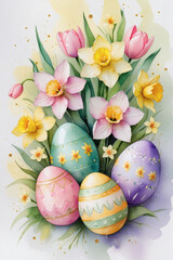Fototapeta premium Watercolor Easter and Spring Floral Illustration with Decorative Eggs
