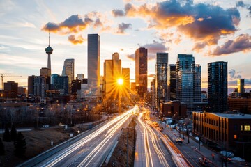 Obraz premium Illuminated Urban Skyline at Dusk with Sunburst Over Cityscape and Traffic Flowing Below