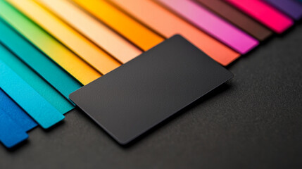 Black credit card on colorful palette background, showcasing vibrant hues