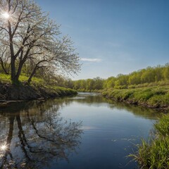Fototapeta premium A calm river reflecting the beauty of a sunny spring day.
