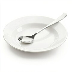 White Plate with Silver Spoon on Clean Background for Food Styling, Coffee and Food Equipment Concept.