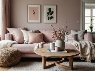Fototapeta premium Pink Living Room Sofa Decor With Neutral Accents