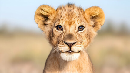 Obraz premium Cute lion cub portrait, African savanna background, wildlife photography, nature image