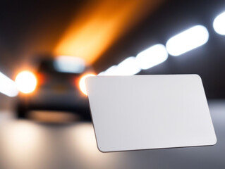 Blank credit card displayed in focus with blurred car in tunnel