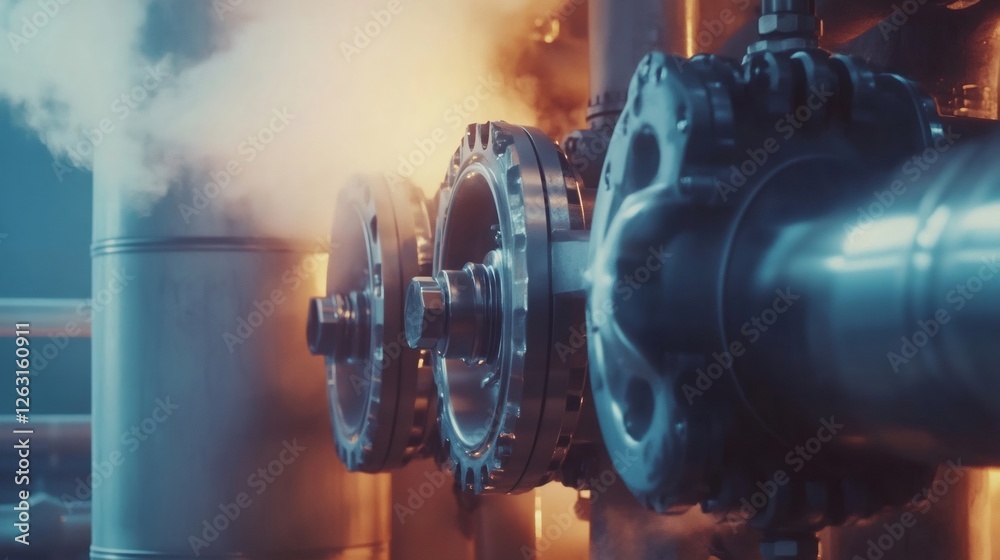 Aufkleber steam escaping from industrial valves in a processing plant creates a dramatic scene, emphasizing th